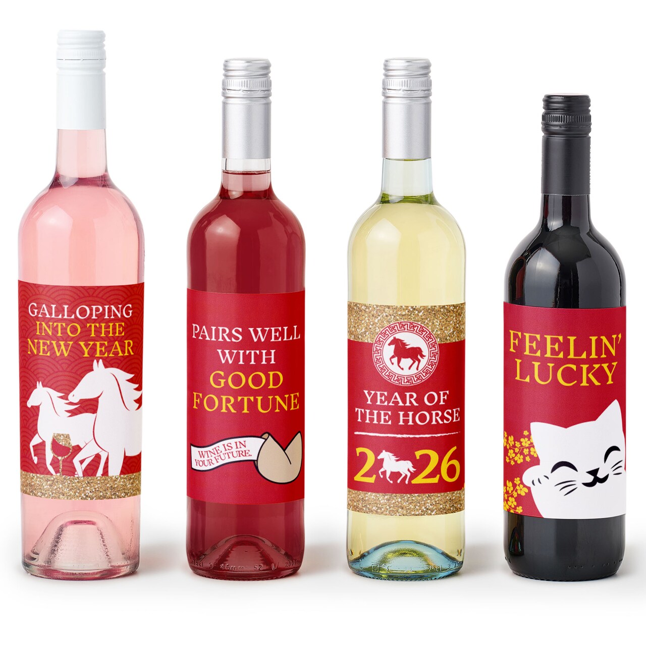Big Dot of Happiness 2026 Year of the Horse - Lunar New Year Decorations for Women and Men - Wine Bottle Label Stickers - Set of 4